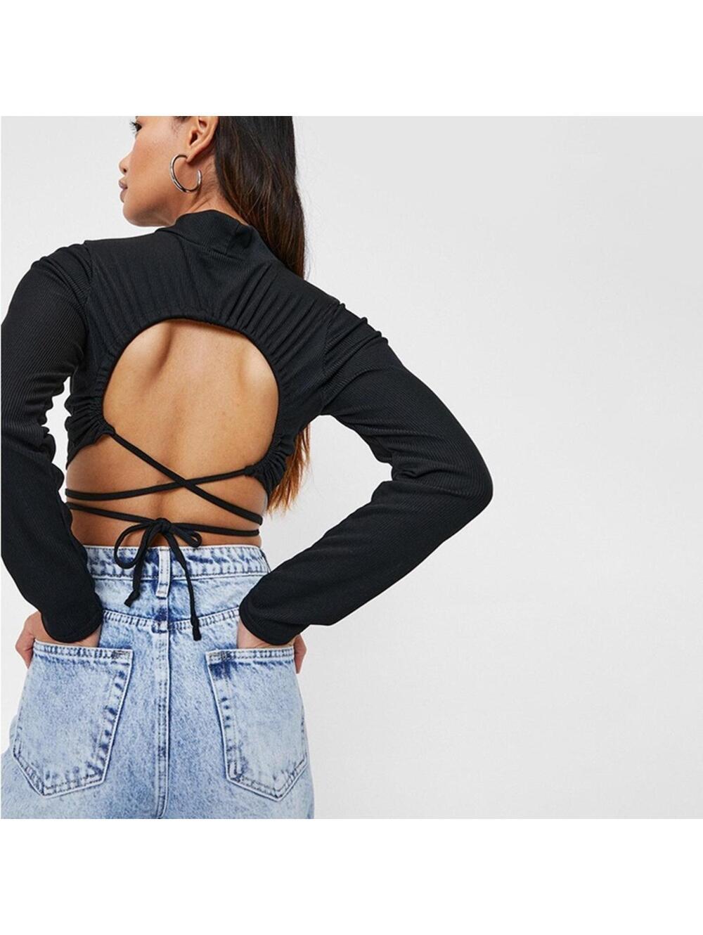 Nasty Gal Black Ribbed Crossover Tie-Back Crop Top size 6 Like New indie sleaze